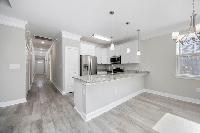 kitchen featuring stainless steel appliances, a peninsula, visible vents, white cabinetry, and ornamental molding