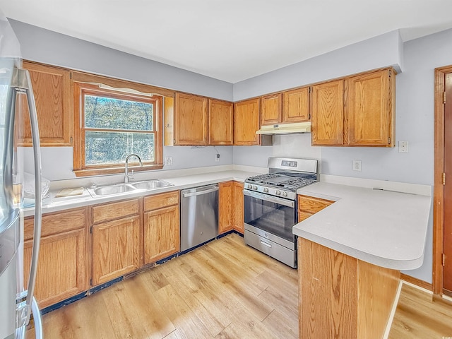 kitchen with light wood-style flooring, appliances with stainless steel finishes, a peninsula, under cabinet range hood, and a sink