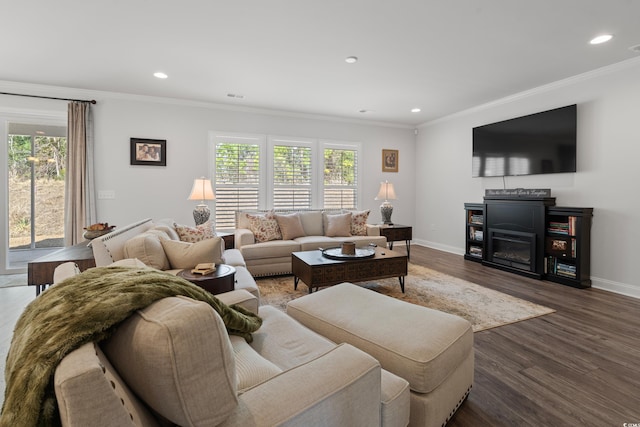 living area featuring baseboards, a fireplace, wood finished floors, and crown molding