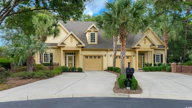 view of front facade with concrete driveway and roof with shingles