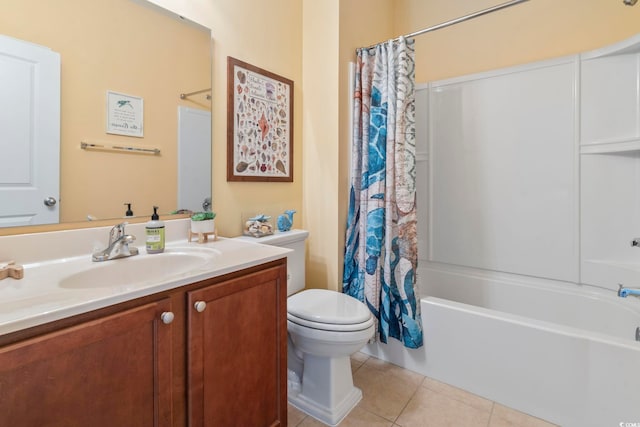 bathroom with toilet, vanity, shower / bath combination with curtain, and tile patterned floors