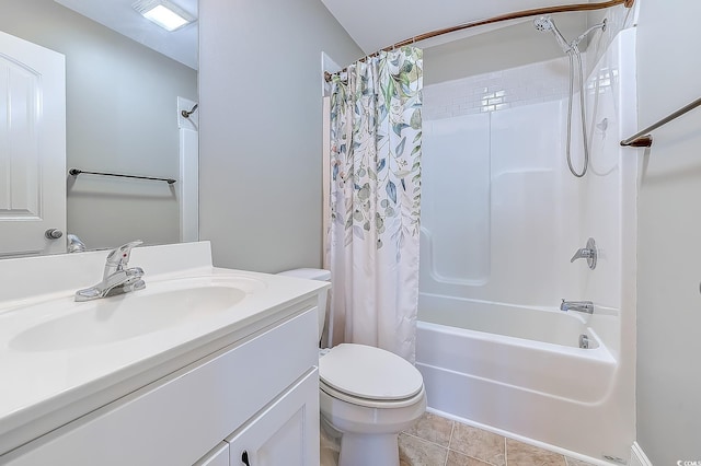 full bath featuring toilet, shower / tub combo, tile patterned floors, and vanity