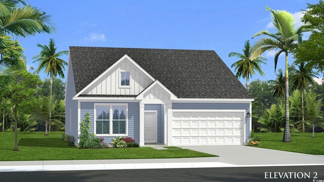 444 Sun Colony Blvd, Longs, SC 29568 - view of front of house with board and batten siding, a front lawn, driveway, an attached garage, and roof with shingles