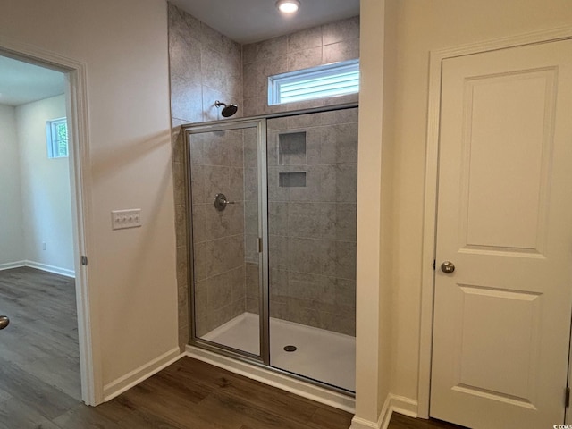 444 Sun Colony Blvd, Longs, SC 29568 - bathroom featuring a stall shower and wood finished floors