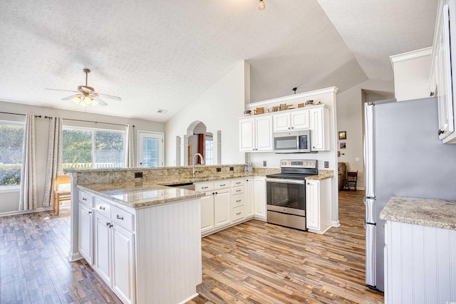 kitchen featuring a peninsula, light wood finished floors, appliances with stainless steel finishes, and vaulted ceiling