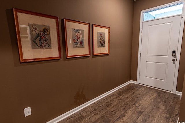 foyer featuring dark wood-style flooring and baseboards