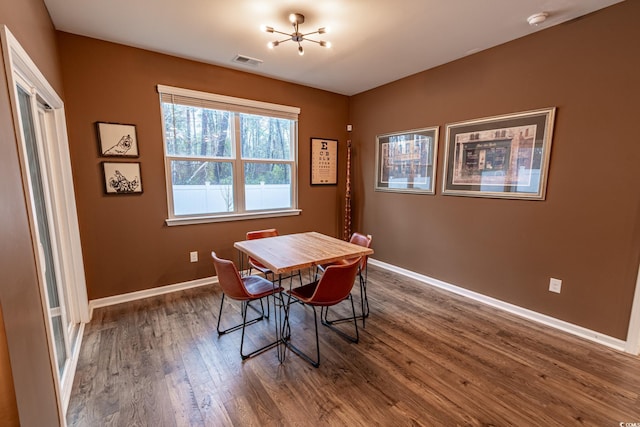 dining room featuring dark wood-style floors, baseboards, and visible vents