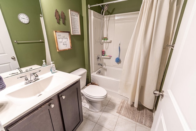 full bathroom with shower / bath combo with shower curtain, vanity, toilet, and tile patterned floors