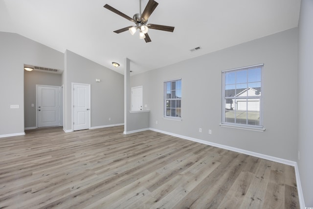 unfurnished living room featuring visible vents, baseboards, light wood-style floors, and ceiling fan