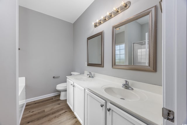 full bathroom featuring a sink, toilet, wood finished floors, and double vanity