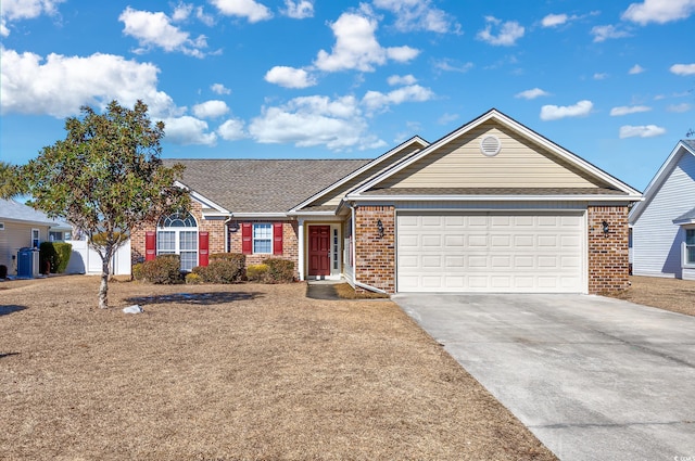 ranch-style home with brick siding, roof with shingles, concrete driveway, and an attached garage