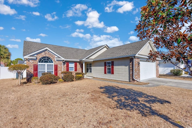 single story home featuring fence, driveway, roof with shingles, a garage, and brick siding