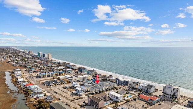 bird's eye view with a view of the beach and a water view