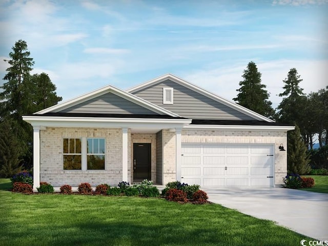 view of front of house with a garage, a front lawn, concrete driveway, and brick siding