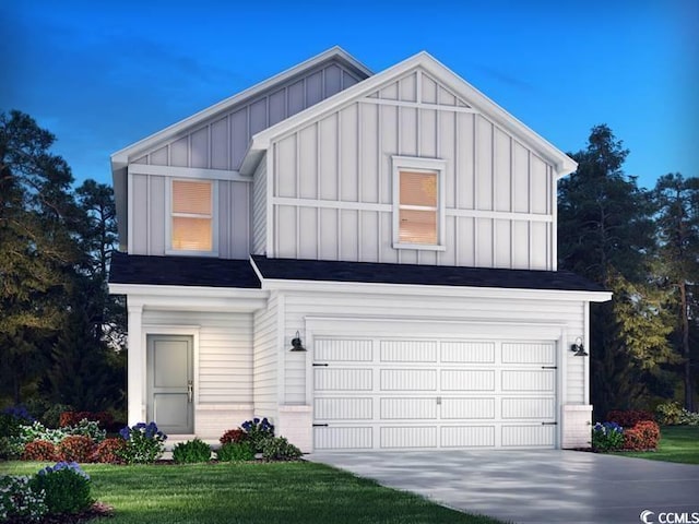 view of front of home featuring board and batten siding, concrete driveway, and a front yard