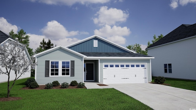 view of front of property with a garage, board and batten siding, concrete driveway, and a front lawn