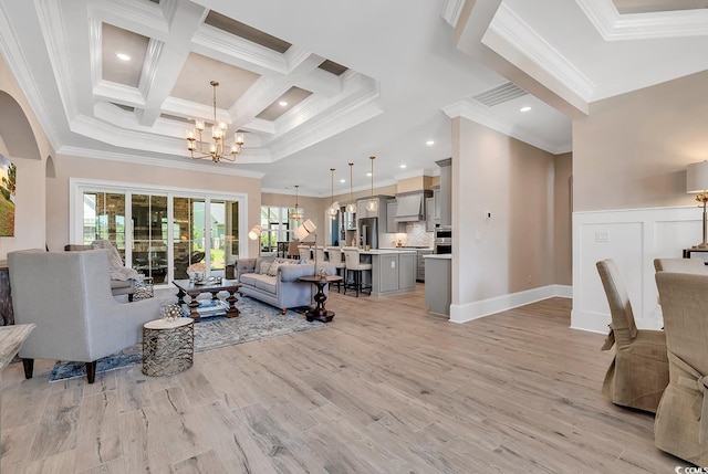410 44th Ave N, Myrtle Beach, SC 29577 - living area with a chandelier, crown molding, beam ceiling, coffered ceiling, and recessed lighting