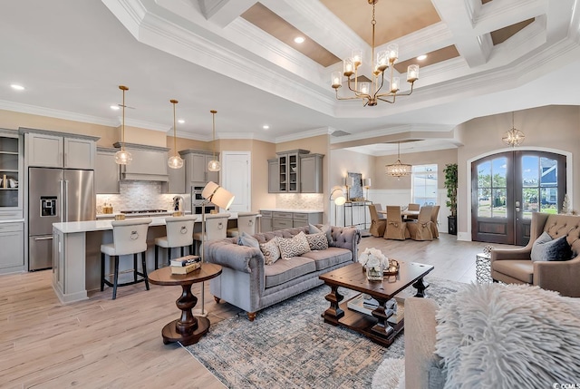 410 44th Ave N, Myrtle Beach, SC 29577 - living area with a chandelier, crown molding, light wood-style floors, recessed lighting, and beam ceiling