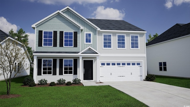 view of front of property with an attached garage, a shingled roof, concrete driveway, board and batten siding, and a front yard