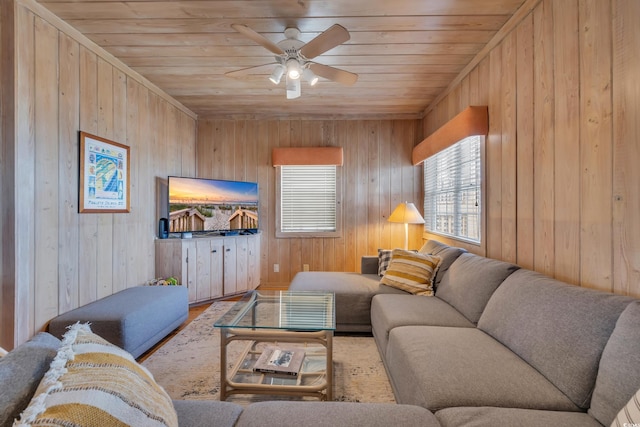 living area with ceiling fan, wooden ceiling, and wood finished floors