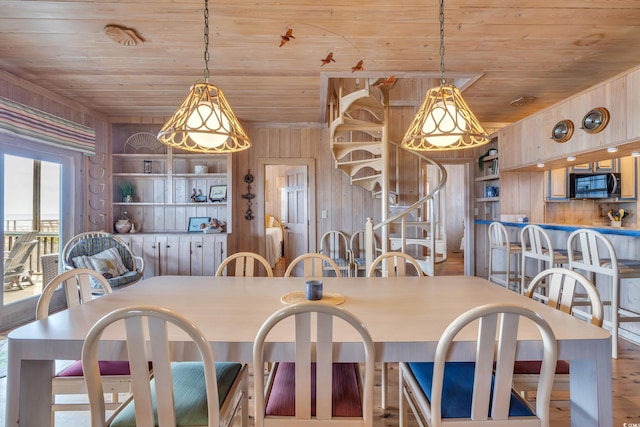 kitchen featuring wood ceiling, wooden walls, open shelves, and wood finished floors