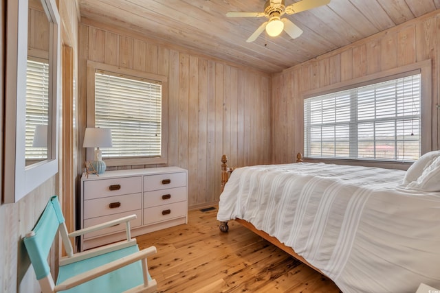 bedroom featuring light wood-style floors, wooden ceiling, a ceiling fan, and wooden walls