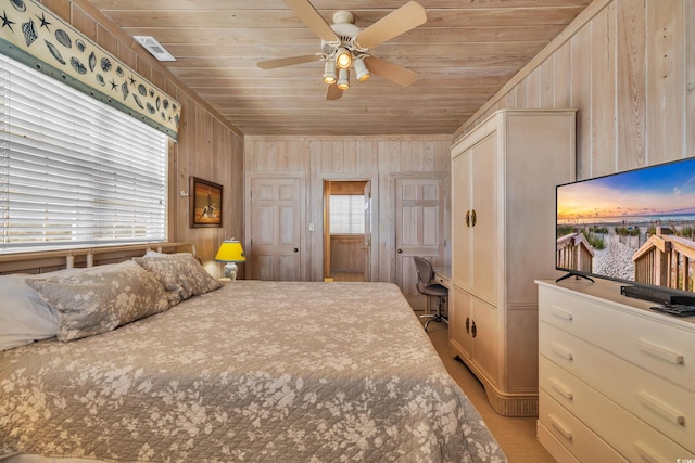 bedroom with wood walls, wood ceiling, visible vents, and ceiling fan