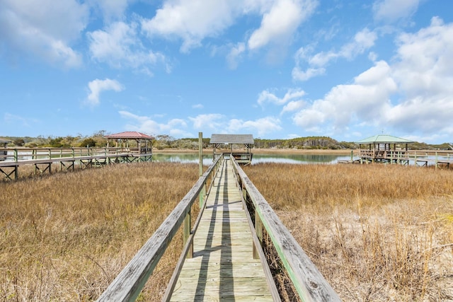 dock area featuring a water view and a gazebo