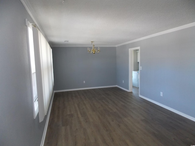 unfurnished room featuring dark wood-style flooring, a notable chandelier, crown molding, a textured ceiling, and baseboards