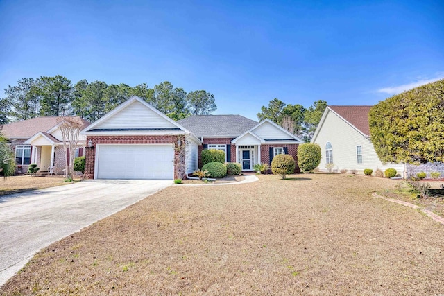 ranch-style home featuring brick siding, concrete driveway, and an attached garage