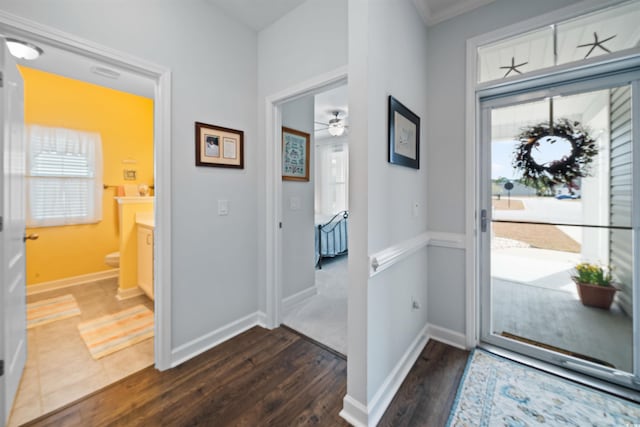 109 Astoria Park Loop, Conway, SC 29526 - entrance foyer featuring dark wood finished floors, ceiling fan, and ornamental molding