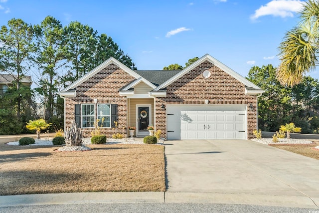 view of front of house featuring concrete driveway, brick siding, and an attached garage