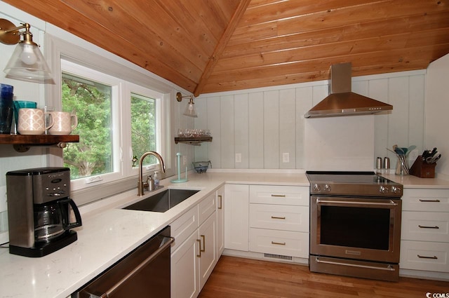 kitchen with a sink, white cabinetry, stainless steel appliances, wall chimney exhaust hood, and wood ceiling