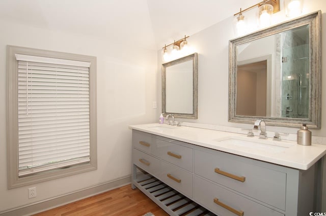 bathroom featuring a sink, an enclosed shower, wood finished floors, and double vanity