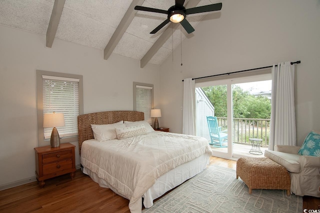 bedroom with wood finished floors, high vaulted ceiling, beam ceiling, ceiling fan, and access to outside