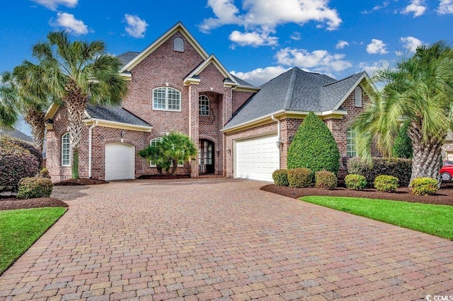 view of front of house with an attached garage, roof with shingles, decorative driveway, and brick siding