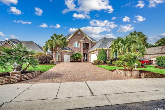 traditional-style house featuring a garage, brick siding, and decorative driveway