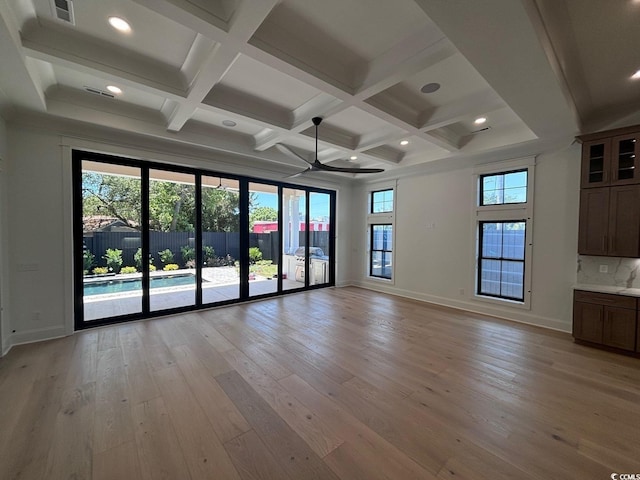 unfurnished living room featuring light wood finished floors, baseboards, visible vents, coffered ceiling, and beam ceiling