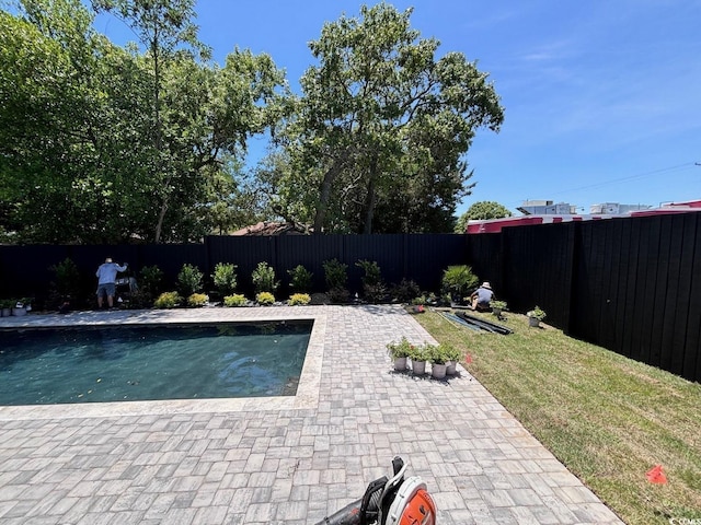 view of pool featuring a patio area, a fenced backyard, a swimming pool, and a lawn