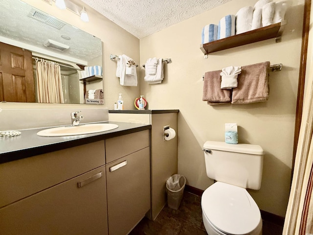 bathroom with visible vents, a shower with shower curtain, toilet, a textured ceiling, and vanity