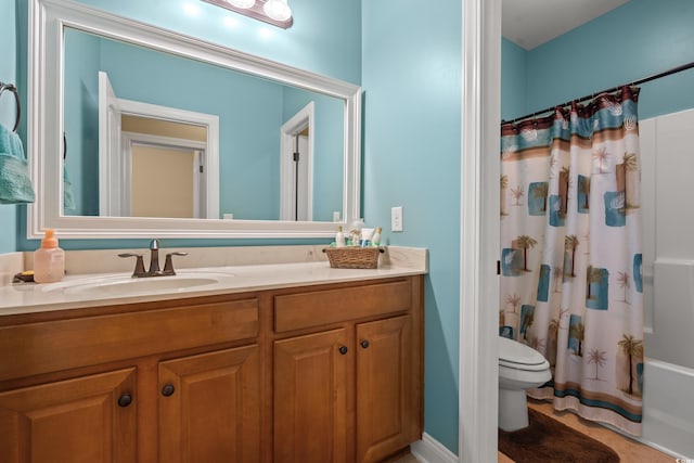 bathroom with vanity, toilet, and shower / bathtub combination with curtain