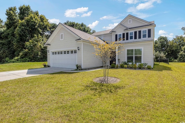 traditional home with a garage, driveway, and a front yard