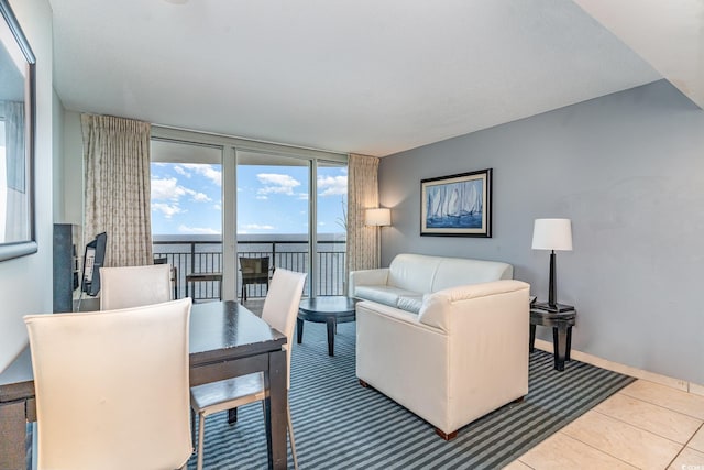 tiled living room with expansive windows and baseboards