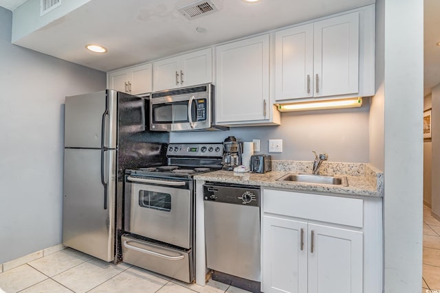 kitchen featuring white cabinetry, visible vents, appliances with stainless steel finishes, and a sink