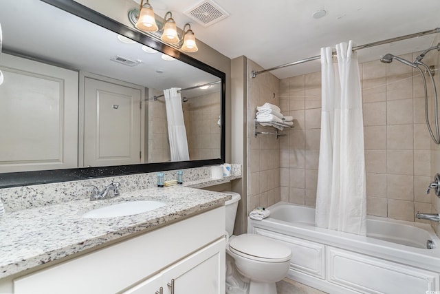 full bathroom featuring toilet, visible vents, shower / tub combo with curtain, and vanity