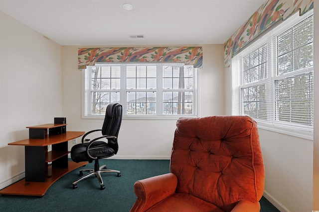 carpeted home office with visible vents and baseboards