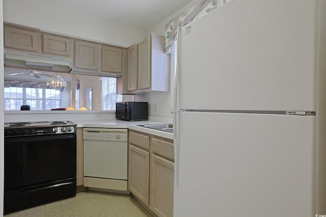 kitchen with light brown cabinets, light floors, black appliances, light countertops, and under cabinet range hood