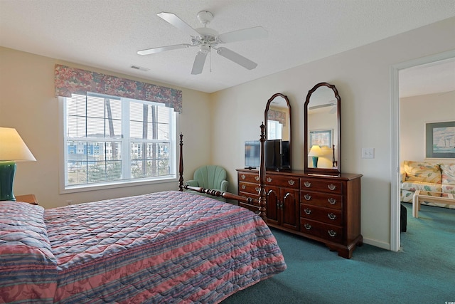 bedroom with visible vents, a ceiling fan, a textured ceiling, carpet floors, and baseboards