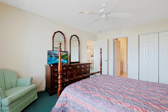 bedroom with a closet, baseboards, carpet, and a ceiling fan