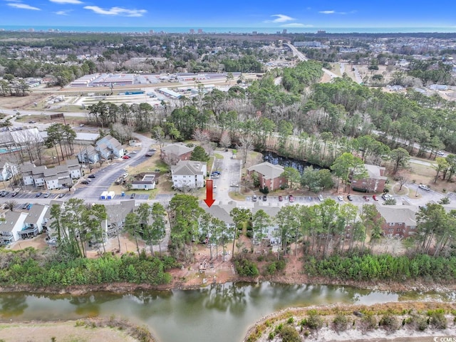 drone / aerial view featuring a water view